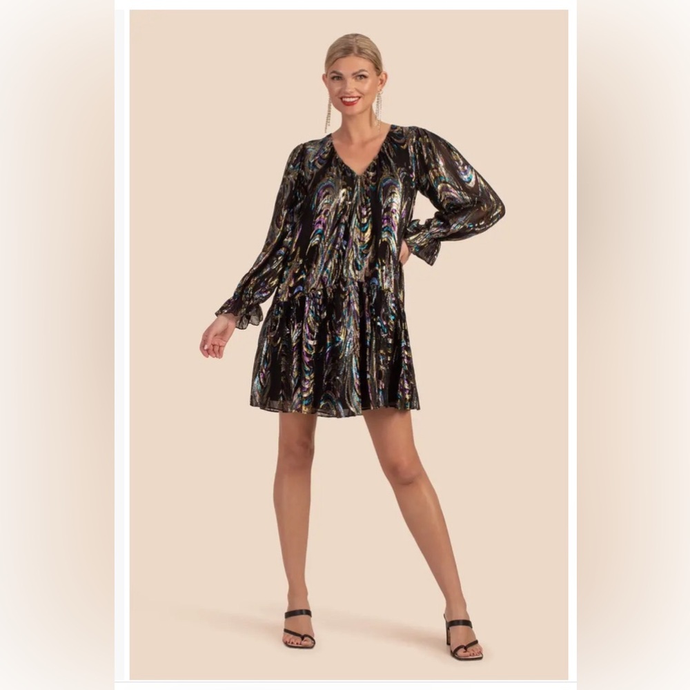 Trina Turk Celestial Long Sleeve Silk Blend Shift Dress